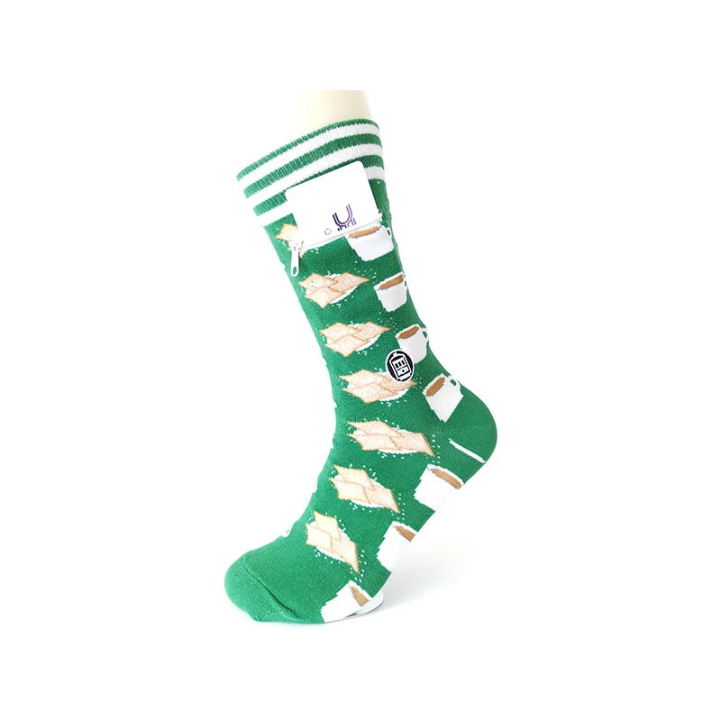 Custom Breathable Cotton Crew Socks with Zipper Pocket Autumn High with Logo on Bottom Body