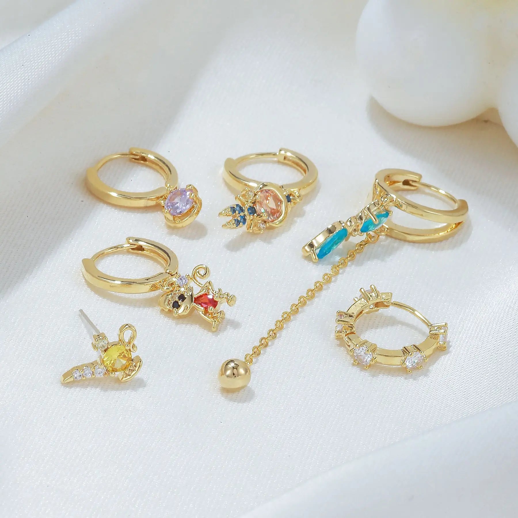 Cartoon Fashion Fairy Princess Zircon Earrings Set 18K Gold Plated Brass Earrings Sweet Asymmetrical Fringe Earrings for Women