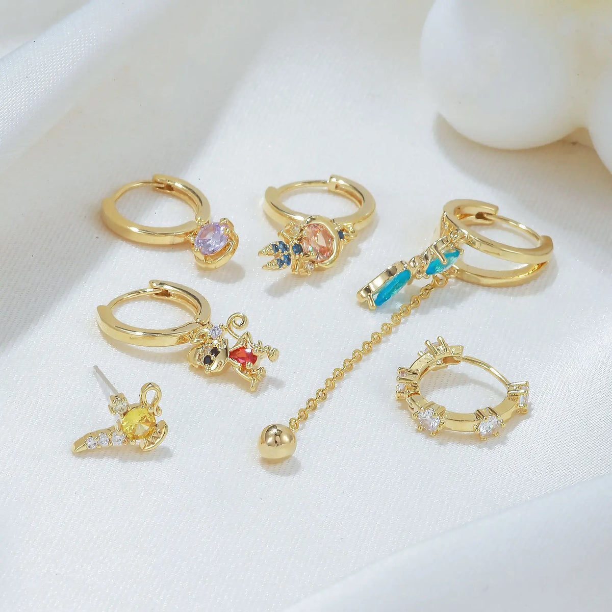 Cartoon Fashion Fairy Princess Zircon Earrings Set 18K Gold Plated Brass Earrings Sweet Asymmetrical Fringe Earrings for Women MegaBDM
