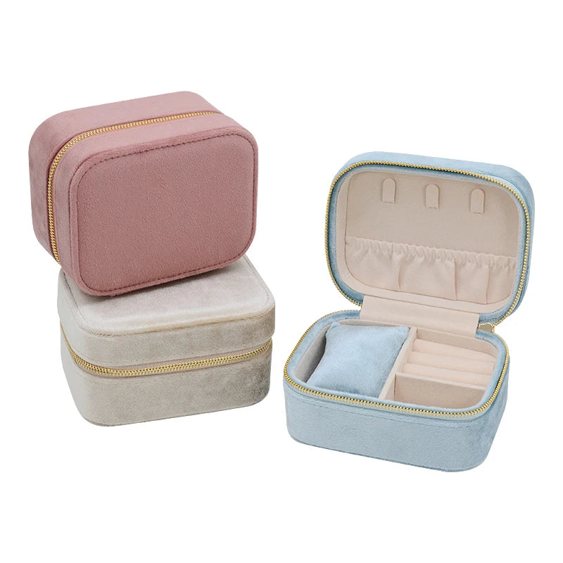 Hot Sale Portable Small Pillow Watch Box Jewelry Storage Case for Rings Necklace Bracelet Zipper Travel Velvet Jewelry Boxes