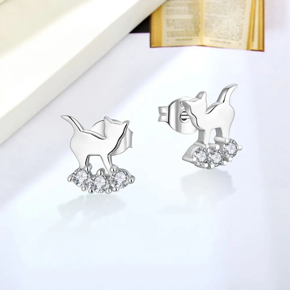 Hot Sale Rhodium Plated Cute Cat Animal Design 925 Sterling Silver Women Zirconia Stud Earrings