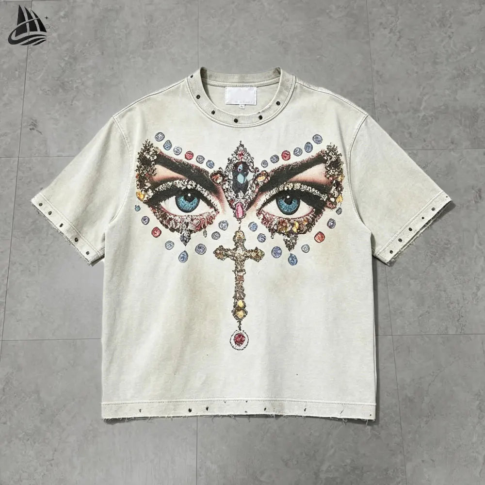 Oversized Acid Wash T-shirt Distressed Graphic Print Rhinestone Vintage Drop Shoulder t Shirt Custom Streetwear Mens Tshirts