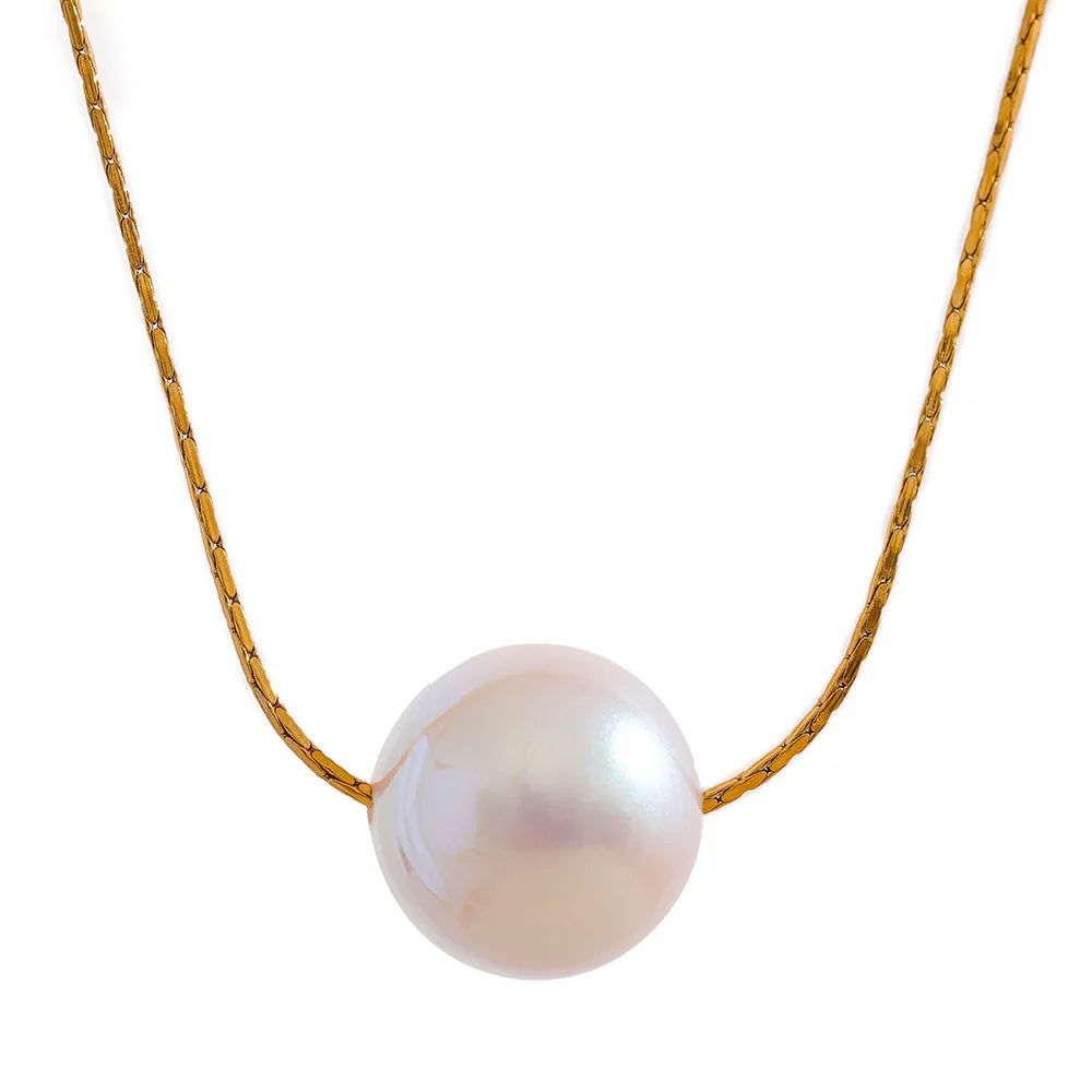 JINYOU 2052 15mm Korean Style Big Imitation Pearl Chain Stainless Steel Necklace Jewelry Women Gold Color Pvd Plated Elegant
