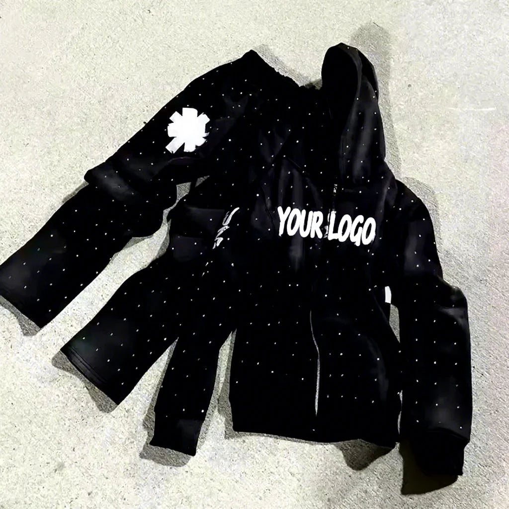 Custom Rhinestone Zip up Hoodie Logo OEM Clothing Men Joggers Sweatsuit 2 Piece Set Sweatpants and Hoodie Set Tracksuit for Men