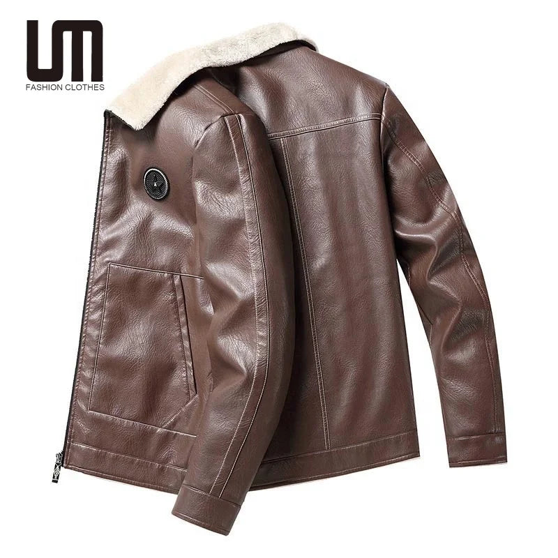 Liu Ming Clothing Manufacturers Custom 2025 Winter Men Clothing Fur Collar Plus Velvet Motorcycle Leather Plus Size Jackets Coat