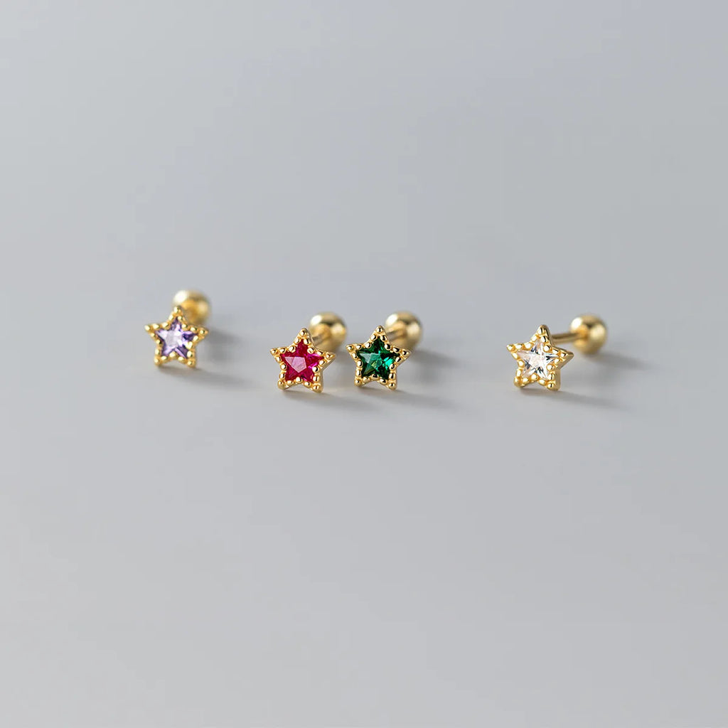 925 Sterling Silver Colorful Zircon Star Spiral Beads Stud Earrings for Women Charm Piercing Ear Bone Jewelry Accessories