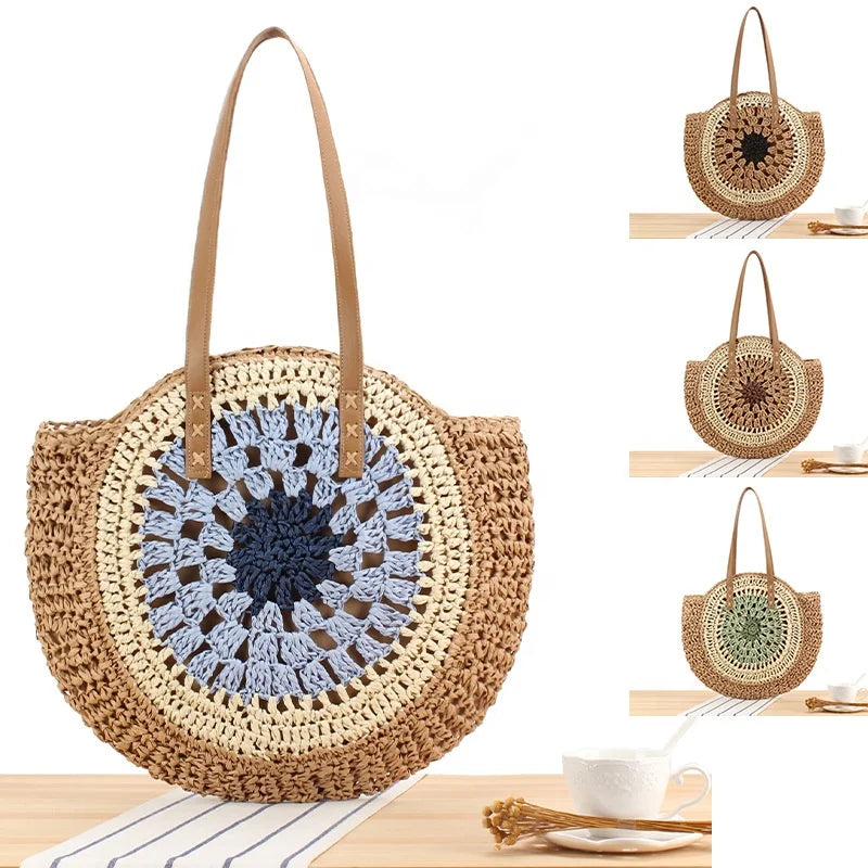 2024 Factory New Simple Round Paper Woven Bag Hollow Hand Woven Seaside Beach Shoulder Handbag Fashion Women's Straw Bag