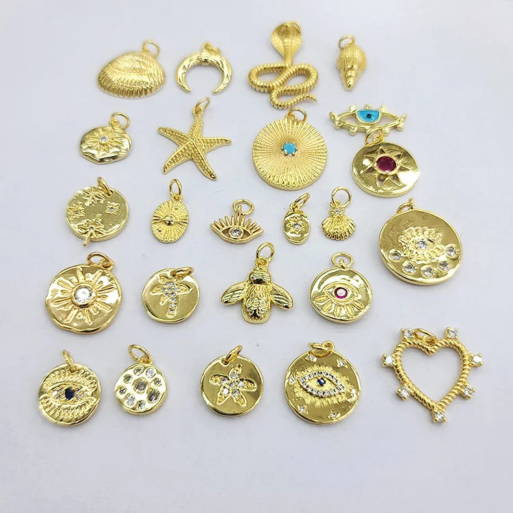 CZ8436 18K Gold Plated CZ Micro Pave Charms Evil Eyes Starfish Shell Disc Pendants for Jewelry DIY & Necklace Making