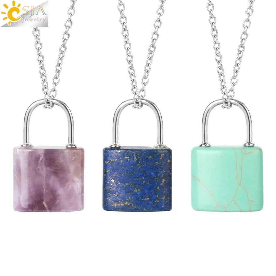 CSJA Wholesale Aventurine Amethyst Lock Key Natural Stone Quartz Crystal Necklace Pendant for Jewelry Making H067