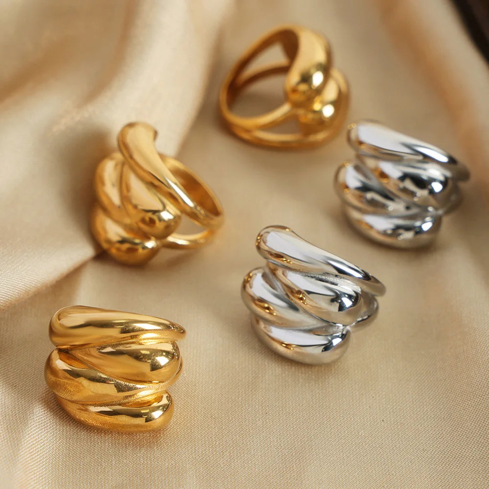 Luxury Women's Gold Stainless Steel Jewelry Waterproof Vintage Chunky Water Wave Dome Gold Plated Fashion Ring for Party Gift