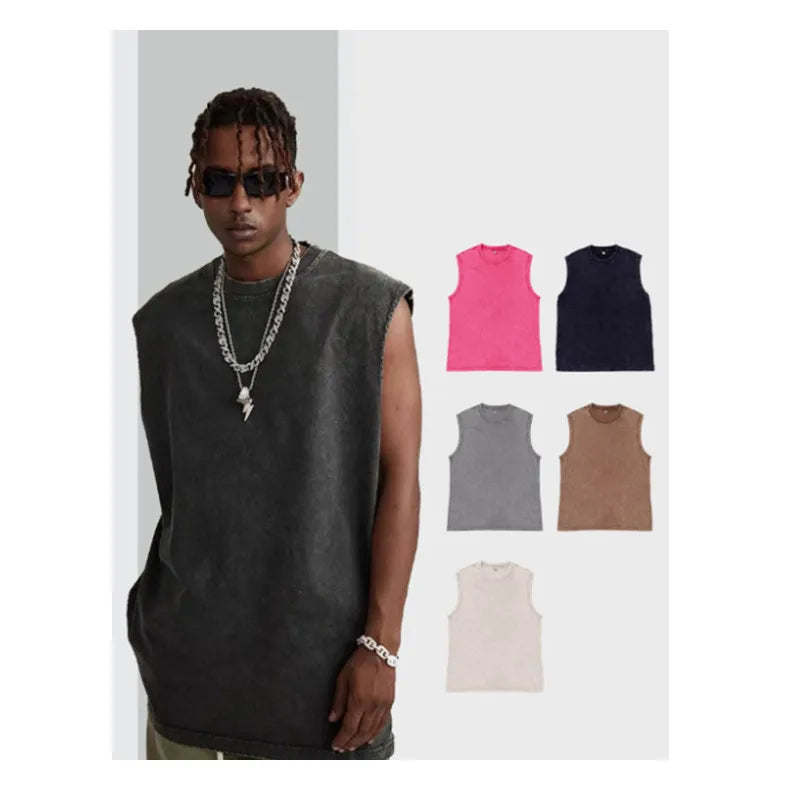 Men's Sports Vests Oversized T Shirt Sleeveless Cotton Unisex Acid Washed Gym Tank Top
