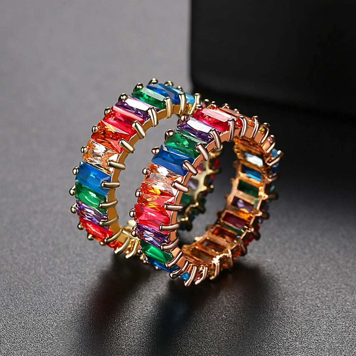 New Hip Hop Gold Color Cubic Zirconia Baguette Ring for Women Men Round Shape Multicolor Stone Ring Wedding Band Fashion Jewelry