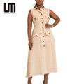 Liu Ming 2025 Women's Summer Fashion Shirt Dress Modest Solid Pattern High Waist Button-up Casual New Arrival Sleeveless Design