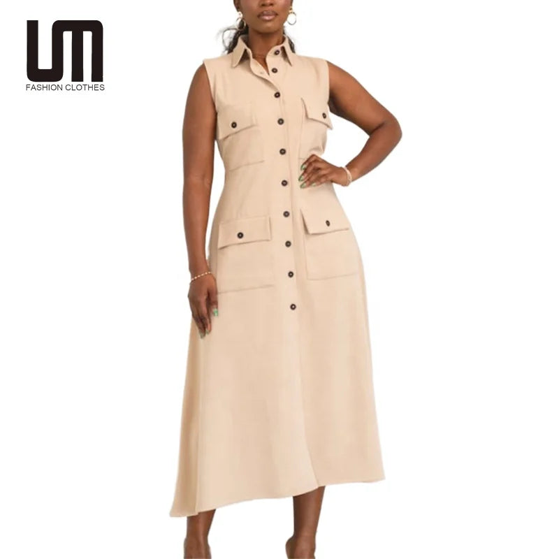 Liu Ming 2025 Women's Summer Fashion Shirt Dress Modest Solid Pattern High Waist Button-up Casual New Arrival Sleeveless Design