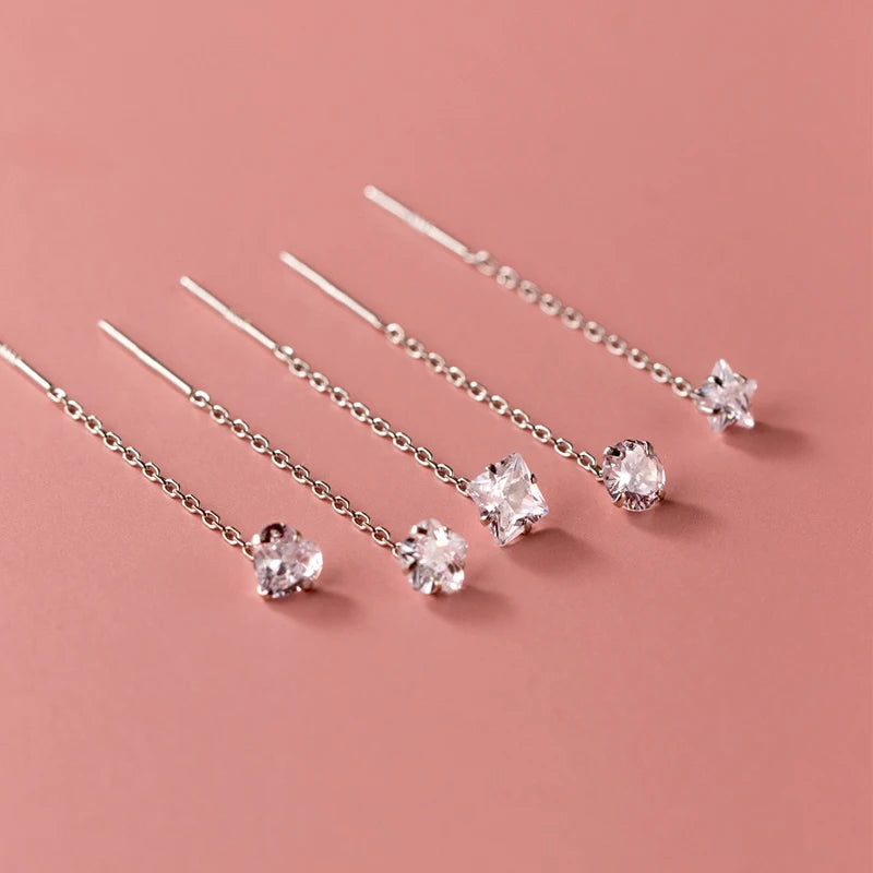 Fashion Women's 925 Sterling Silver Ear Line Single Zircon Different Shape Tassel Long Earrings