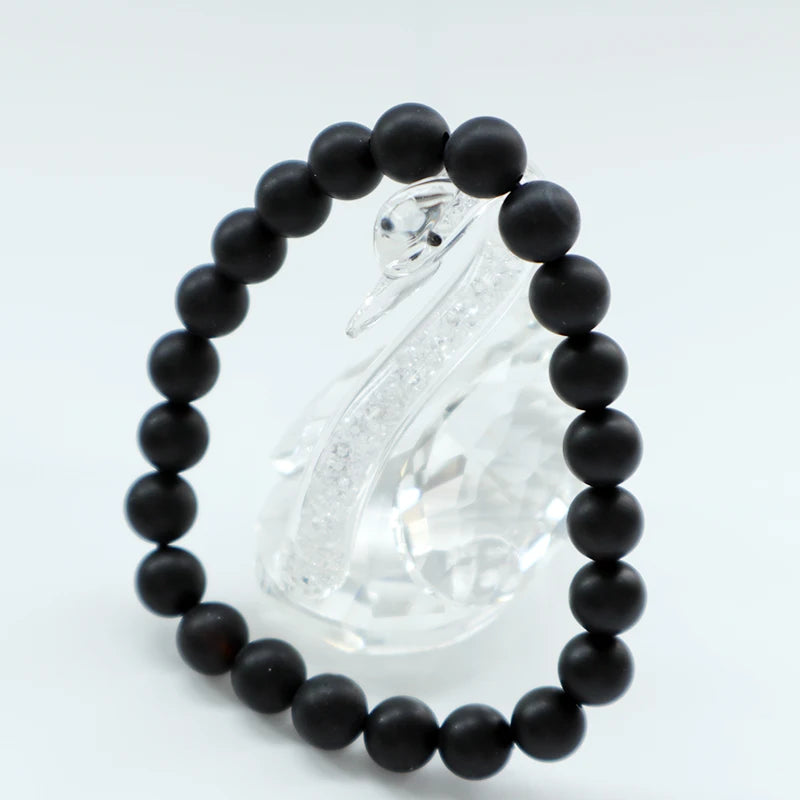 Natural Matte Black Onyx Gemstone Beaded Bracelet Bangle Ball Shape Yoga Accessory for Anniversaries