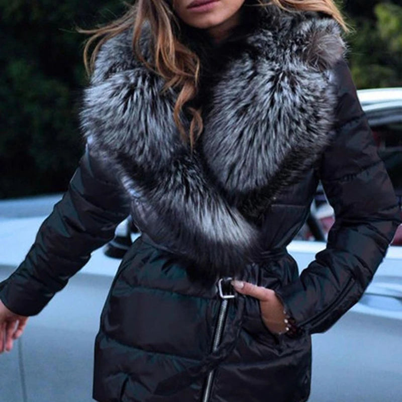 Women's Casual Winter Padded Coat with Turn-Down Big Fur Collar Plus Size Zipper Belt New Fashion Wholesale