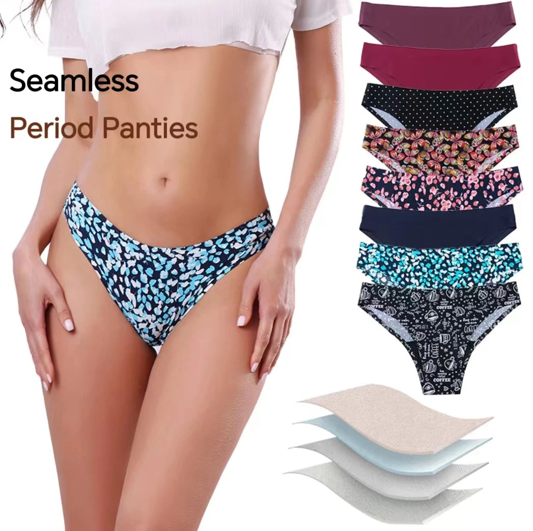 Seamless Thongs Ice Silk Sports Menstrual Panty Underwear 4 Layers Heavy Flow Leakproof Period Panties for Women Menstruation