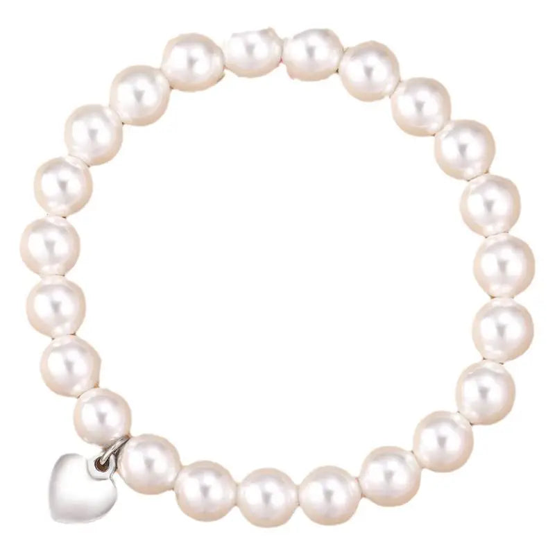 Imitation Pearl Bracelet with Elastic Rope Weaving Adjustable Mother's Day Gift 8mm White Pearl Heart Pendant Bracelet