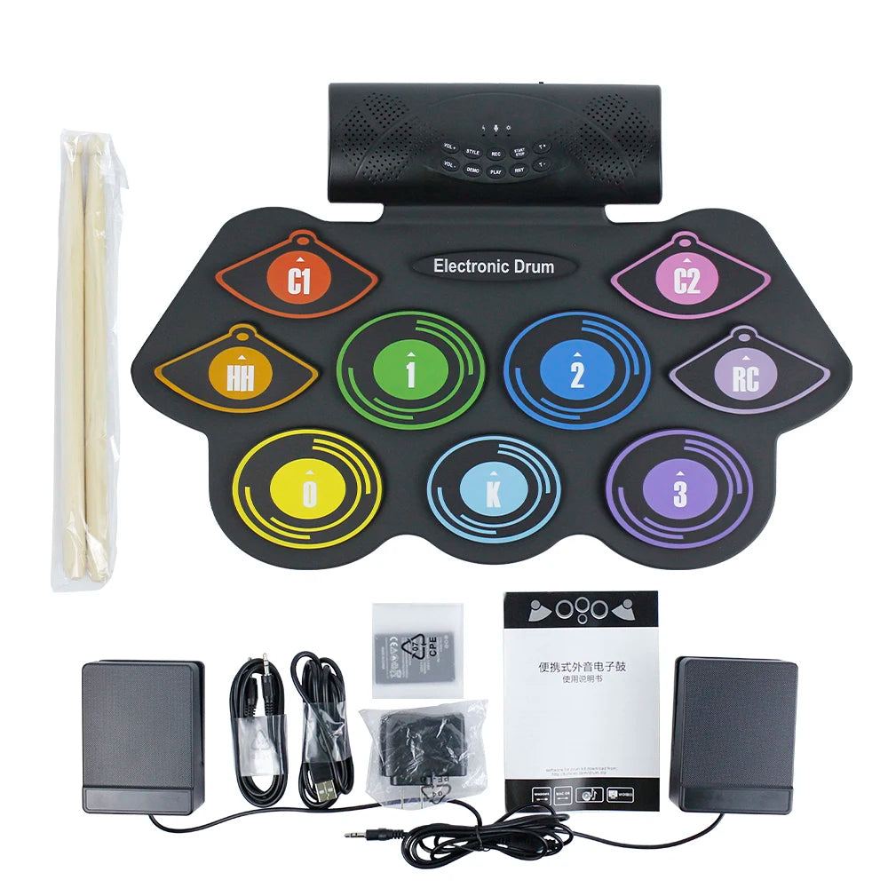 Electronic Drum Set 9 Practice Drum Pad Built-in Speakers Smart Hand Roll up Drums for Beginner and Kid