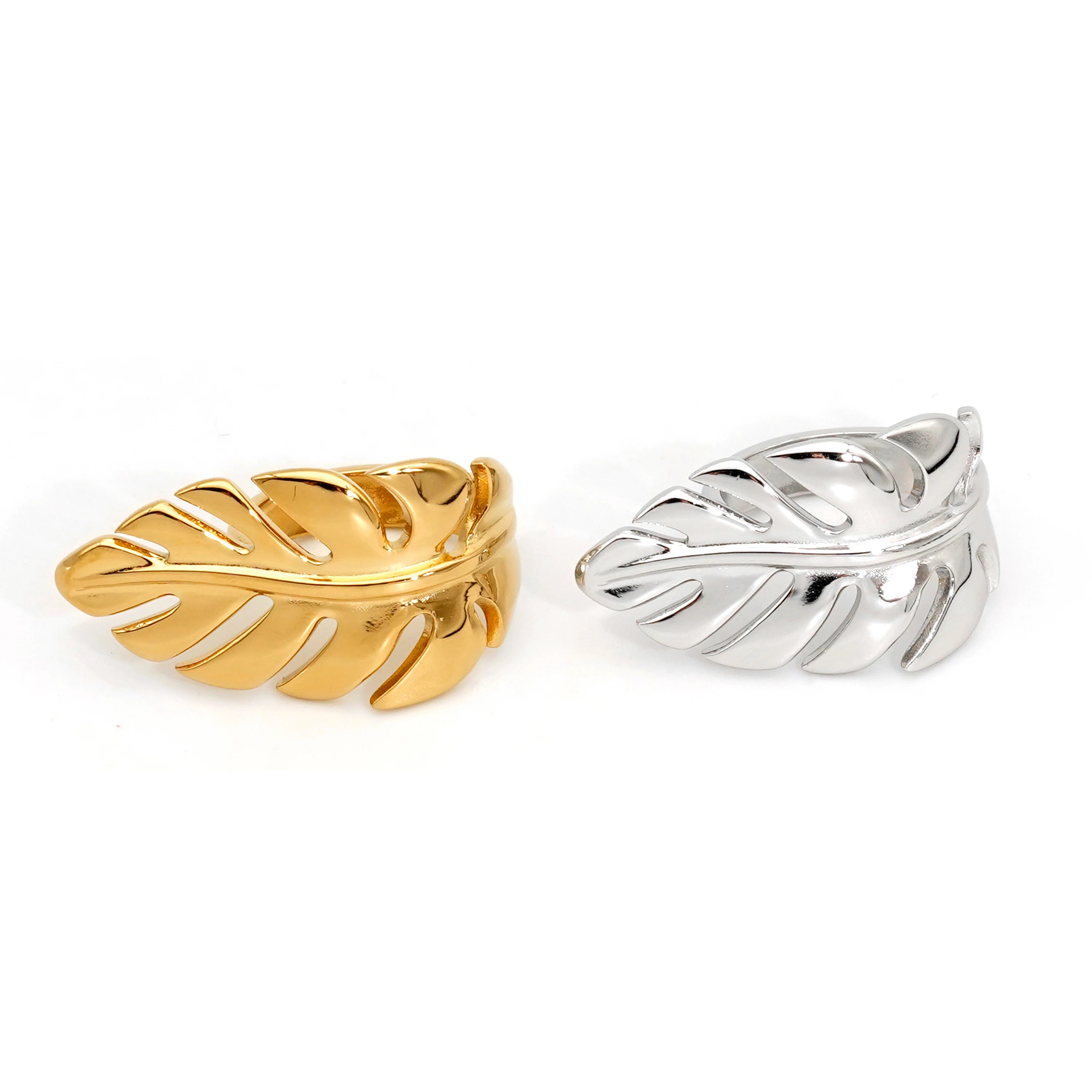 Clioro High Quality Stainless Steel Adjustable Rings Waterproof Leaf Shaped Daily Jewelry for Women Trendy Gold Open Rings