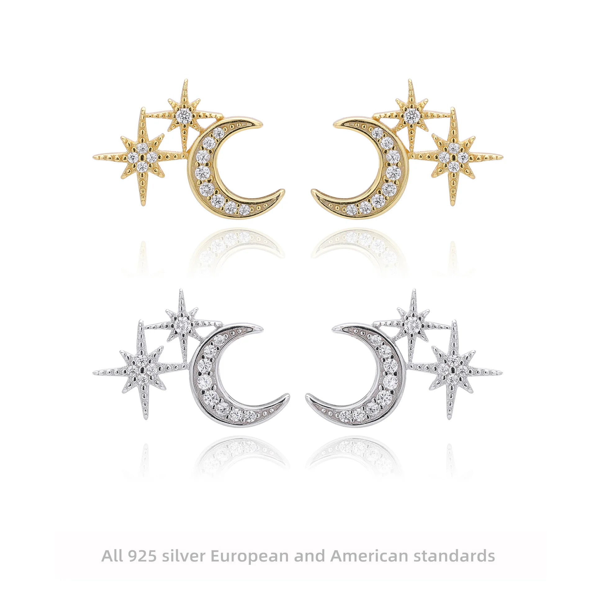 Inlaid Cubic Zirconia Moon Star Trendy Fine Jewelry 18K Gold 925 Sterling Silver Stud Earrings Women