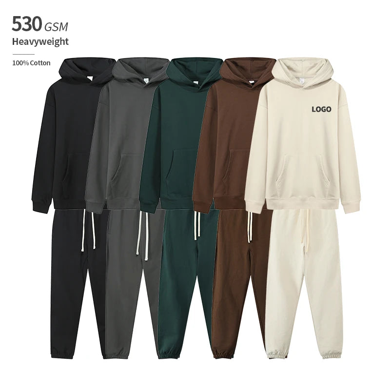 530gsm Cotton Heavyweight No String Pullover Hoodie Tracksuit Men's Sets