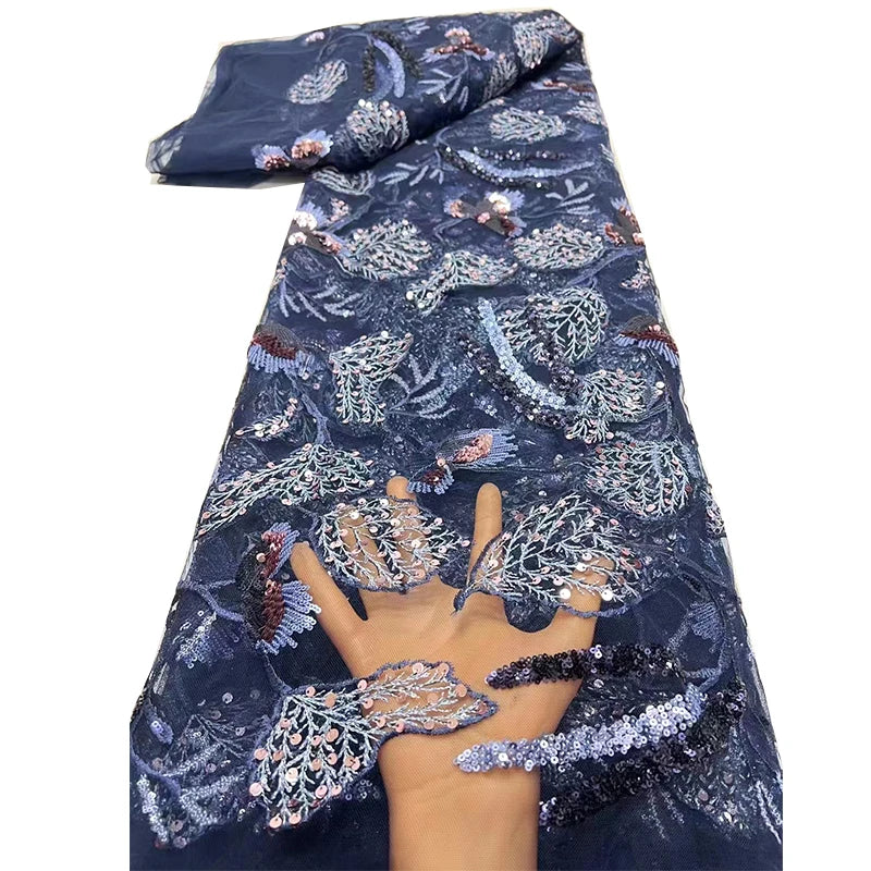 5 Yards African Stones Tulle Embroidery Sequin French Lace Beaded Fabric for Wedding