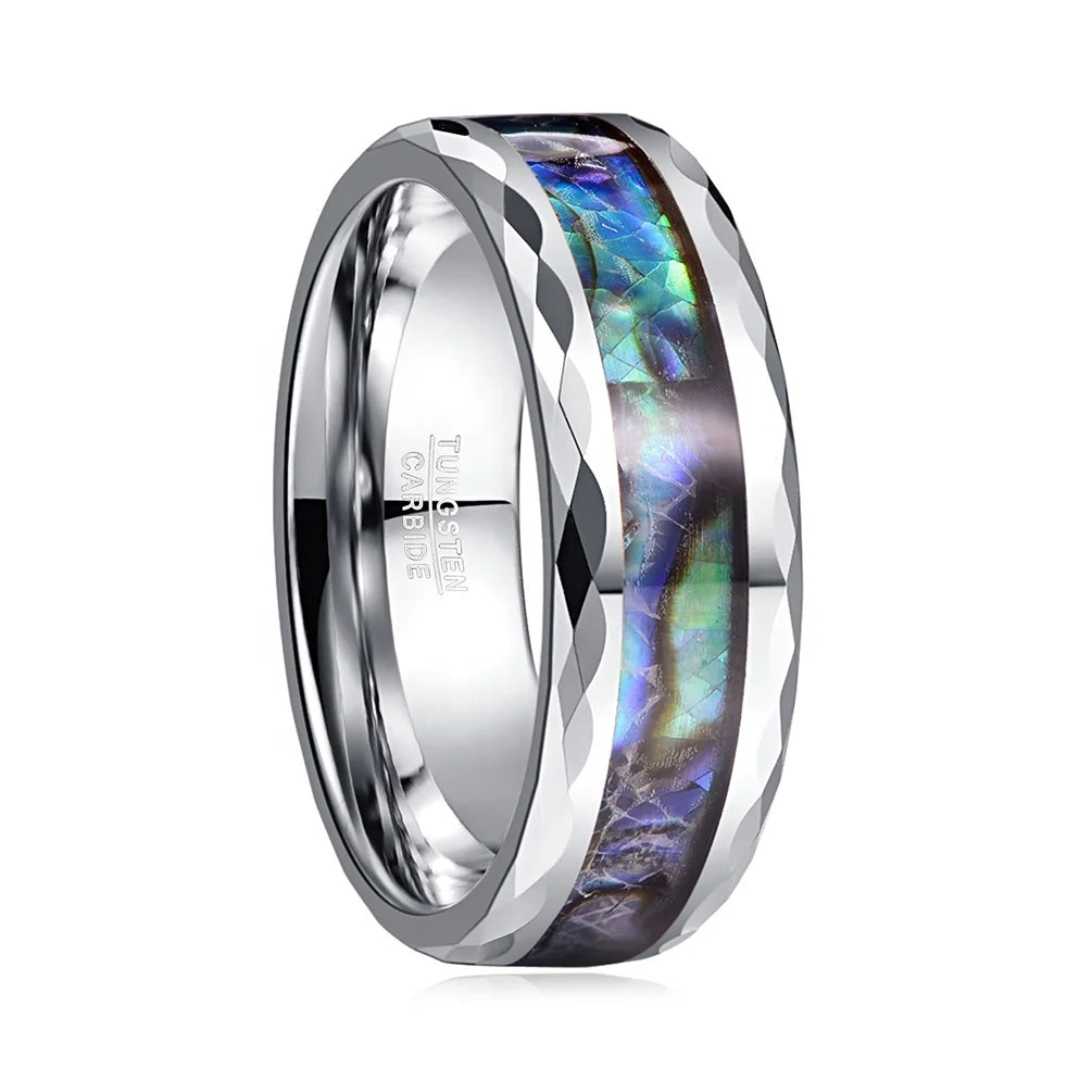 Alin Silver High Polished Multi-color Rainbow Abalone Shell Inlay Tungsten Wedding Rings Faceted Edge