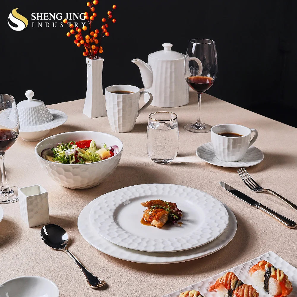 Luxury Restaurant Hotel Eco-Friendly White Porcelain Dinnerware Set Microwave & Dishwasher Safe 4-Piece Wedding Dinnerware