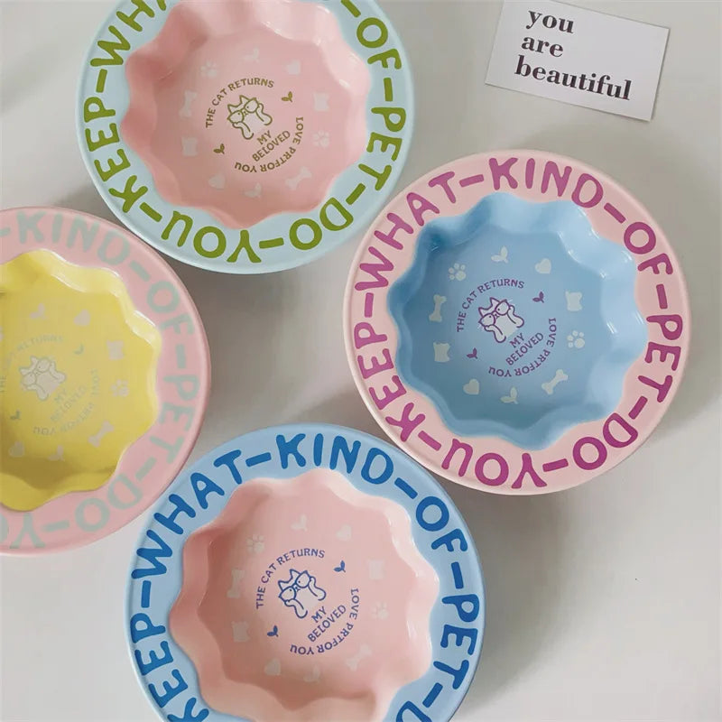 Customized Cute Flower Shape Lace Portable Love Ceramic Pet Food Bowl Multicolour Creative Cat Feeder Plate
