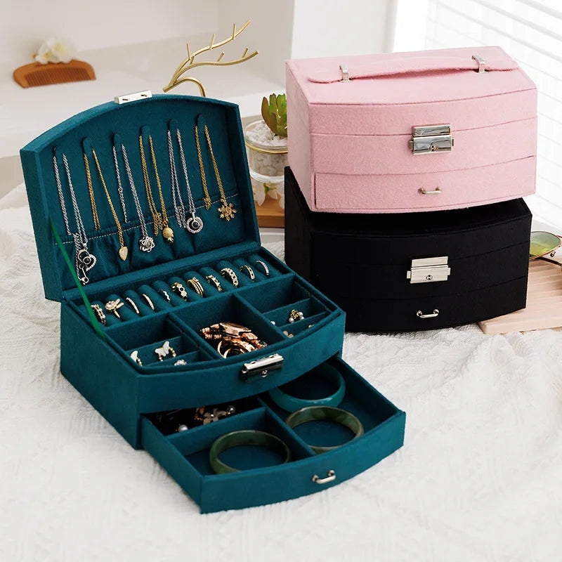 Double Layer Velvet Jewelry Packaging Box with Lock Cute New Design for Girls' Earrings Jewellery Storage