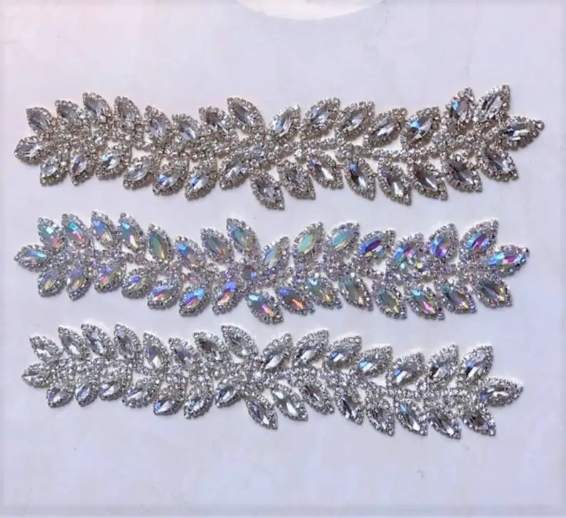 Custom Design Silver Rhinestone Leaf Bridal Applique Sew on Sash Accessories Appliques