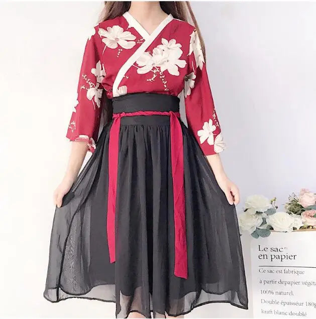 Ecowalson Retro Japanese Style Vintage Haori Kawaii Girls Women Floral Kimono Dress for Party Yukata Asian Clothes Skirts