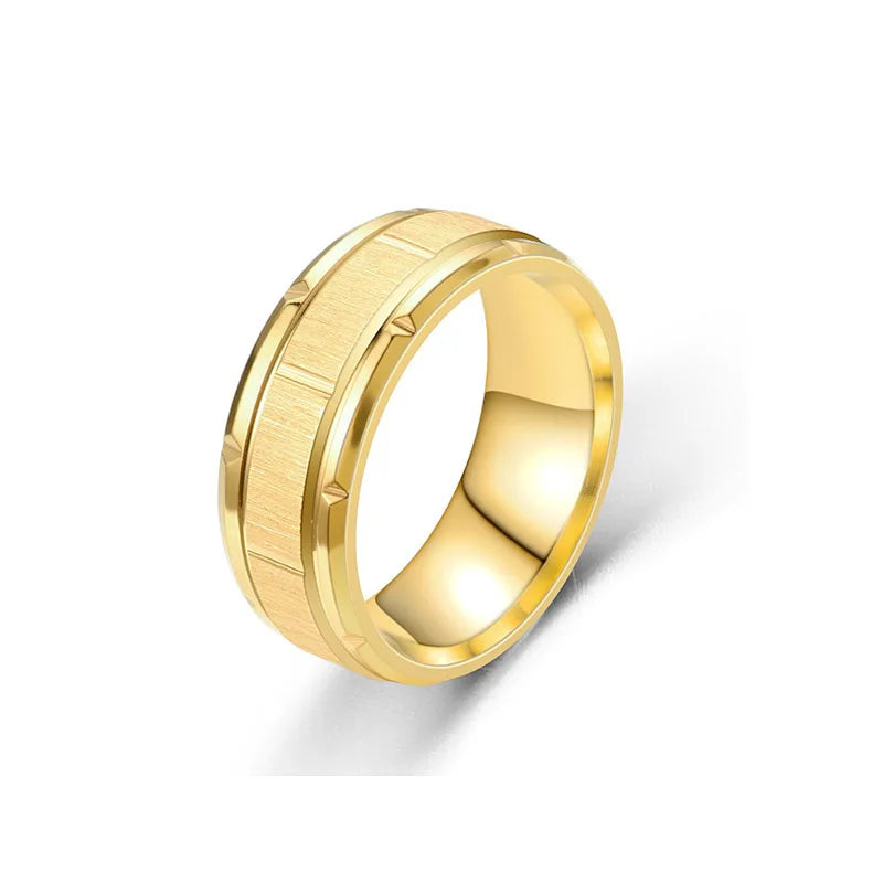 BINSHUO Wholesale Custom Stainless Steel Jewelry 8MM Titanium Steel Gold Plated Burnishing Brick Pattern Couple Ring Men Woman