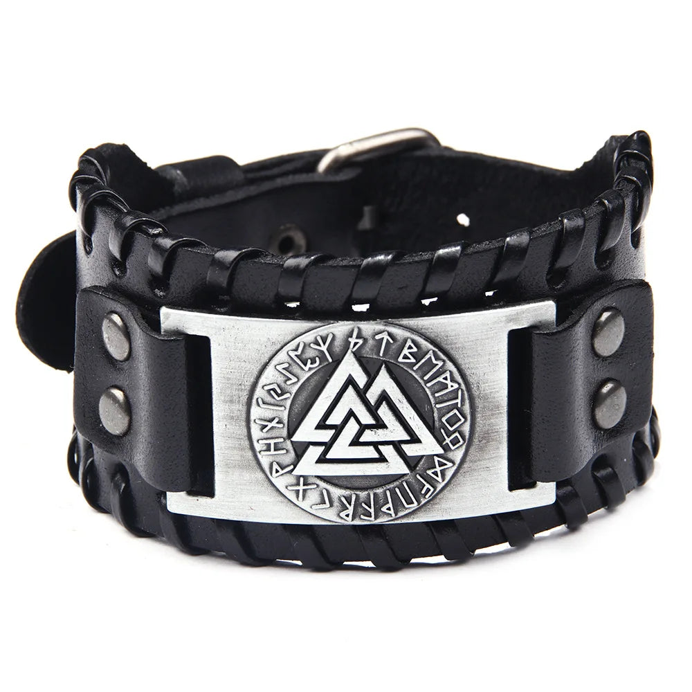 Vintage Punk Leather Rope Bracelet for Men Viking Totem Bangle Odin Logo Custom Gold Silver Featuring Letter Cross Patterns