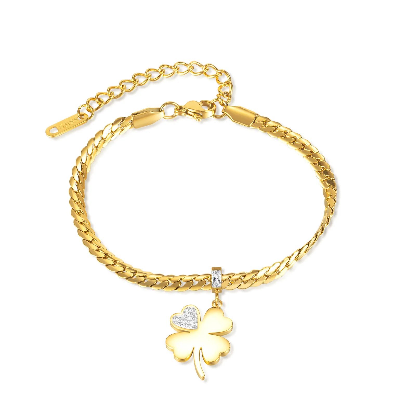 Wholesale Simple Women's Fashion 18K Gold Plated Stainless Steel Heart Shaped Clover Pendant Bracelet Flat Snake Chain Jewelry