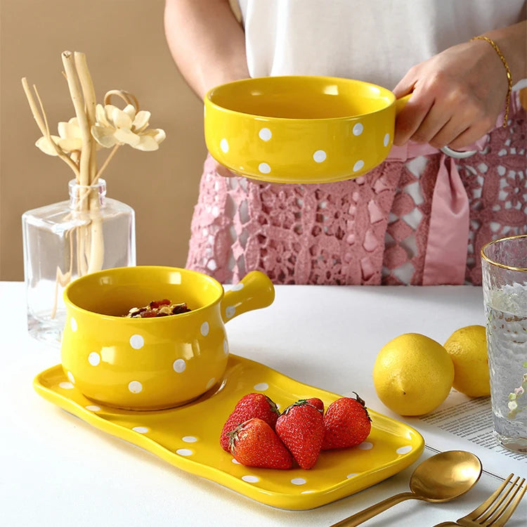 Simple Polka Dot Glazed Ceramic Breakfast Home Dining Oatmeal Bowl with Handle and Food Plate Salad Bowl and Saucer