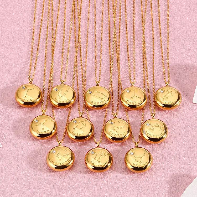G1640 Hot Selling Stainless Steel 18K Gold Plated Horoscope Astrology Necklaces Jewelry CZ 12 Zodiac Sign Pendant Necklace