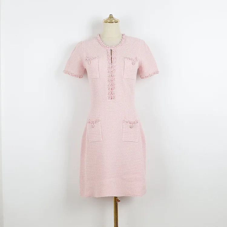 2025 New Spring-Summer Candy-colored Knitted Dress Wholesale - Round Neck Short Sleeves Beaded Sweet Style