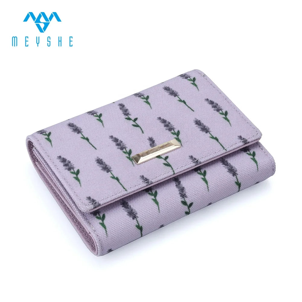 Purple RFID Sublimation Genuine Leather Short Wallet with Embossed Flowers Cover Closure Logo Fashionable Women Functional Purse