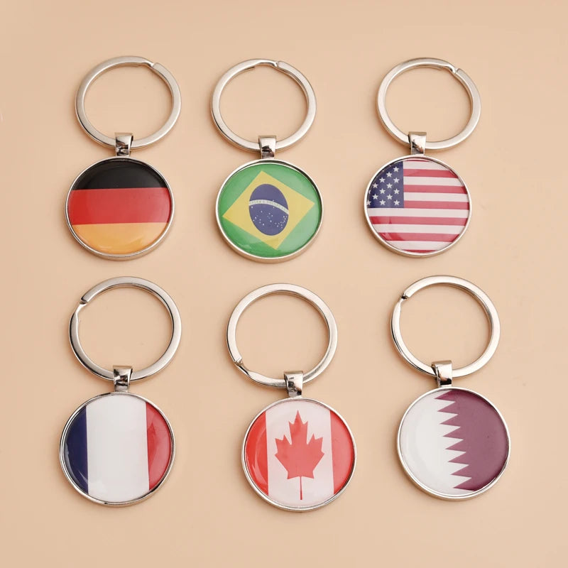 Wholesale Solar Country Flag Souvenirs Key Chains Blank Alloy Round with National Flag Rechargeable Custom Design