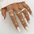 21Pc/Set Geometric Leaves Flowers Pearl Drip Oil Ring Set for Women Jewelry