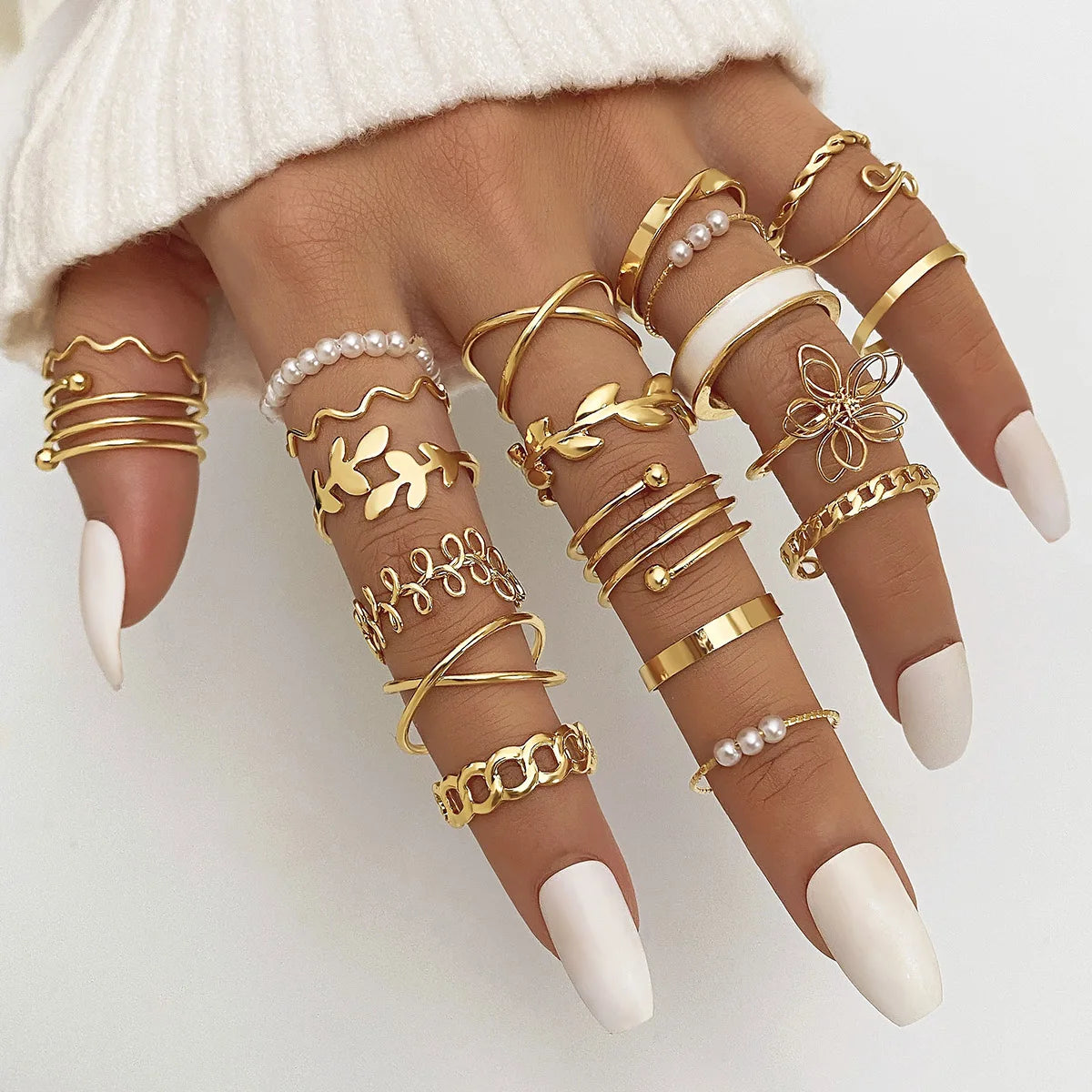 21Pc/Set Geometric Leaves Flowers Pearl Drip Oil Ring Set for Women Jewelry