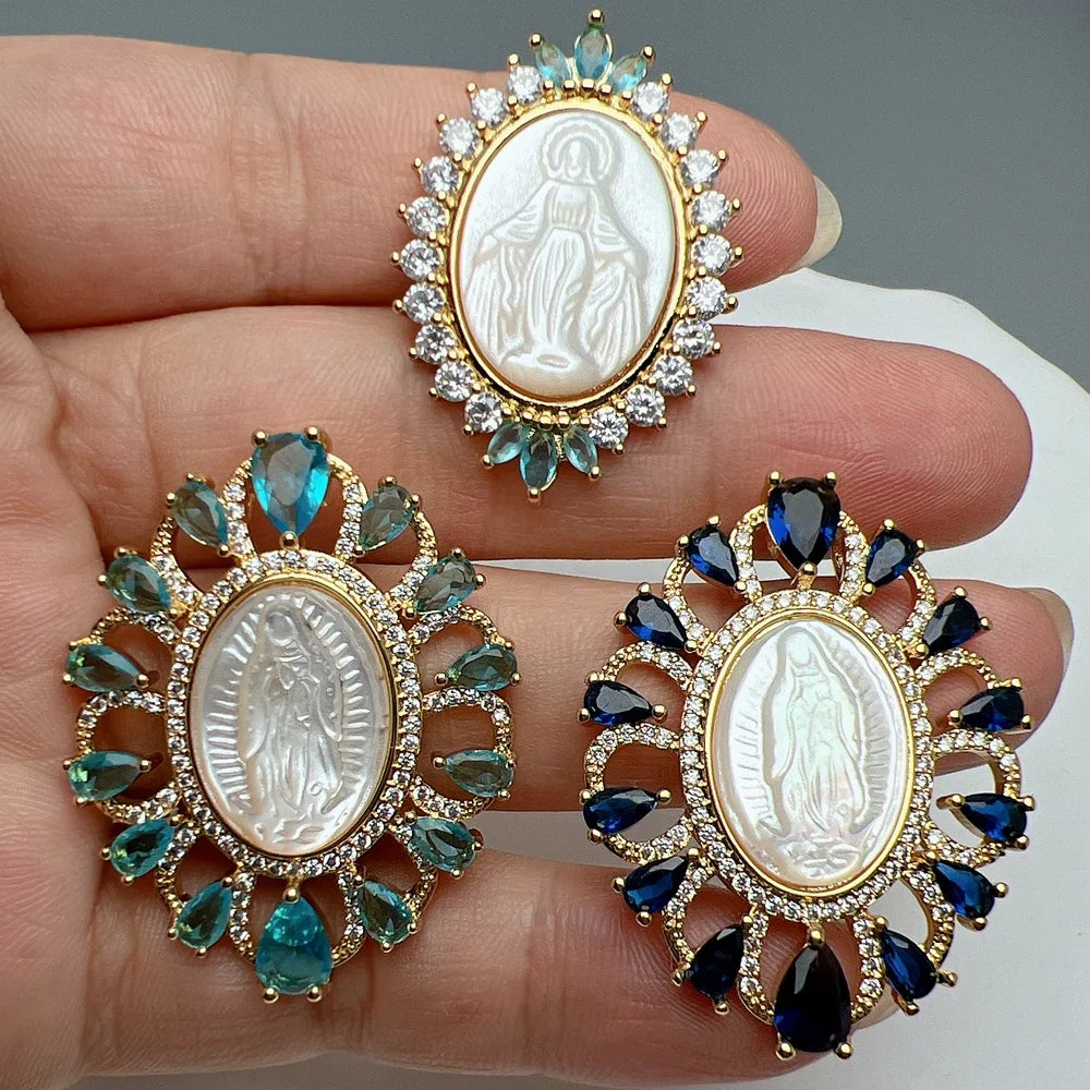 Wholesale Custom Exquisite Zircon Crystal Mother Pearl Shell Religious Guadalupe Virgin Mary Pendants Charms for Jewelry Making