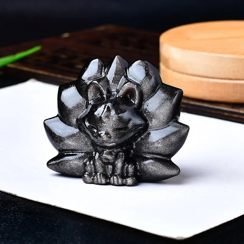 Natural Silver Obsidian Nine-tailed fox Small Statue Silver Obsidian Rough Stone fox Home Living Room Decoration