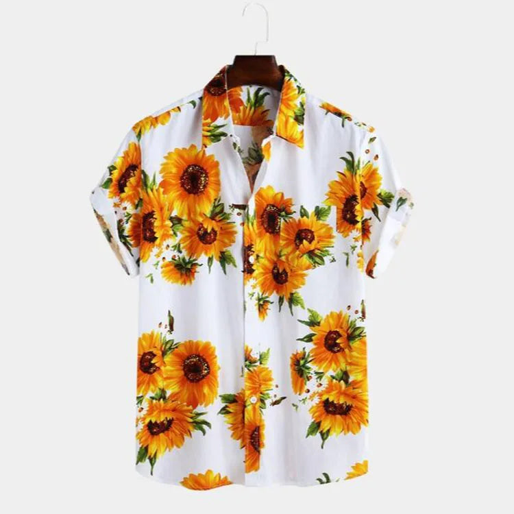 Hot Selling Mens Dress Shirts Casual Sunflower Printed Regular Fit Short Sleeve Blouse Top Streetwear Summer Beach Shirts