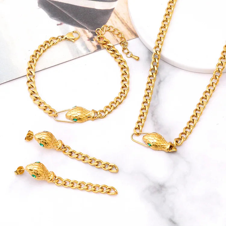 Popular 18K Gold Plated Stainless Steel Hiphop Snake Head Green Zircon Jewelry Set for Women Wedding Party Necklace Bracelet