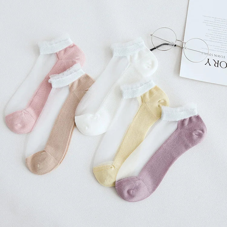 Summer Breathable Fashion Women Crystal Mesh Silk Transparent Lady Sheer Socks Boat Socks