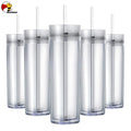 Beeman Double Walled 16oz Straight Acrylic Plastic Clear Water Cups Skinny Tumbler With Lid and Straw